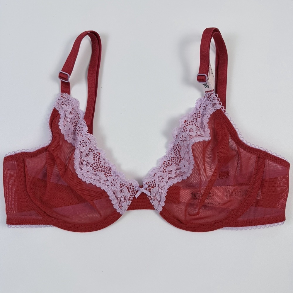 Victoria's Secret Tease Unlined Demi Bra Red Mesh Sheer Purple Lace 32C NWT
